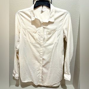 Tan & white striped long sleeve button-down shirt